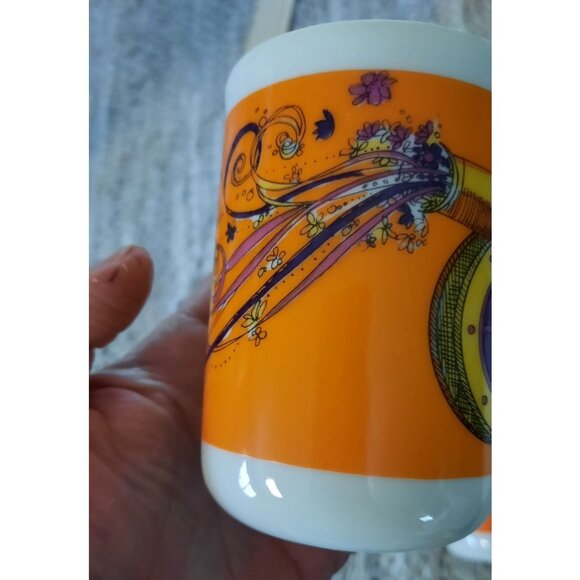 Vintage Japanese Ceramic Coffee Mug Set - Vibrant‎ Orange & Floral Design - Picture 5 of 8